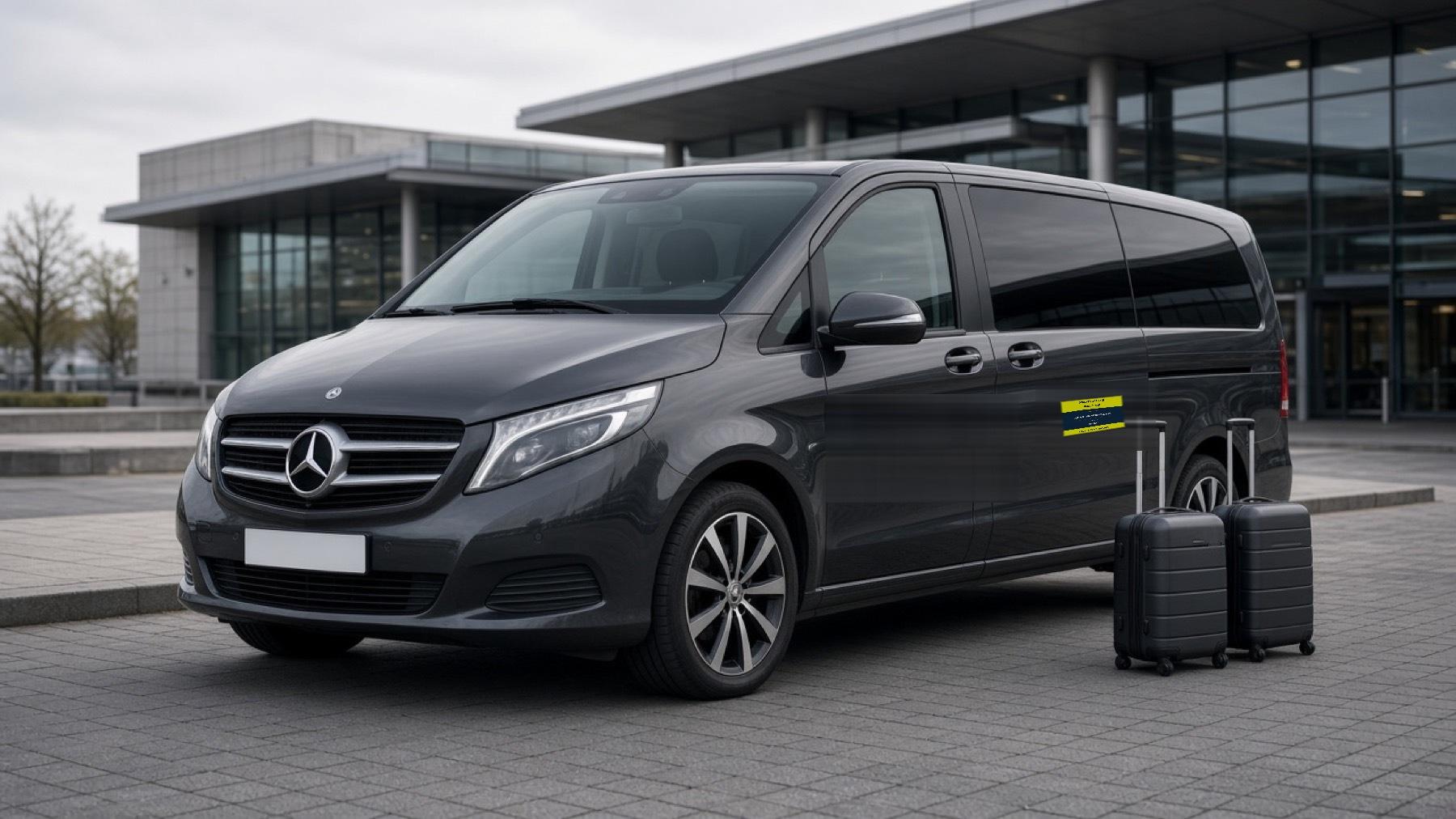 Illustrative airport people carrier with a private hire door sign and luggage