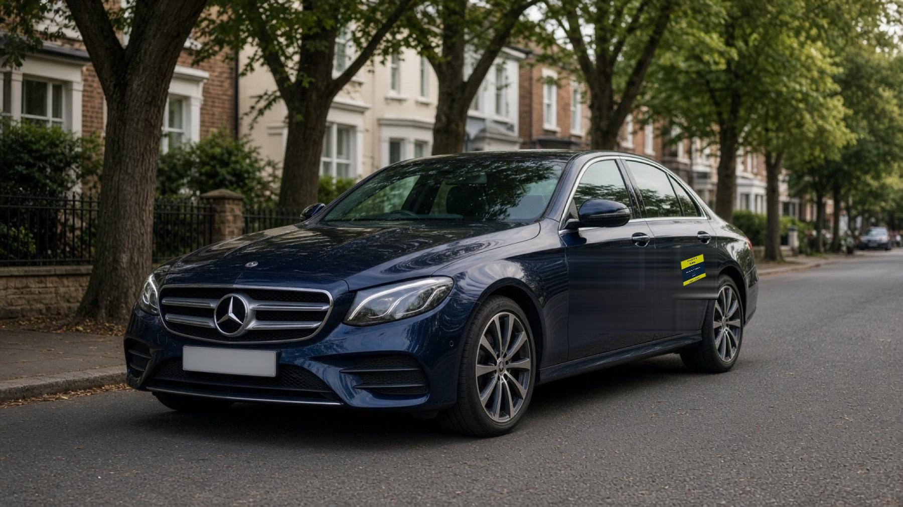 Illustrative navy executive saloon with a private hire door sign on a tree-lined Doncaster street