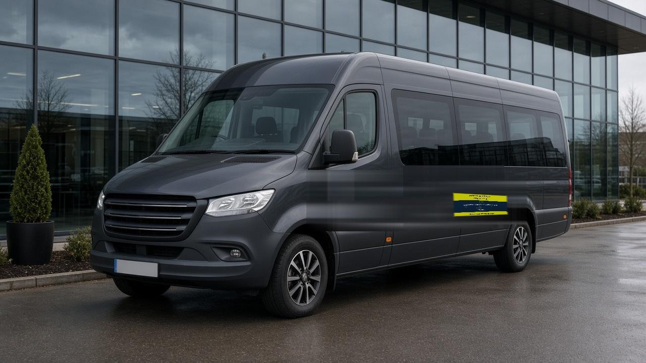 Illustrative minibus with one Doncaster Transport Services Ltd private-hire sticker on the rear passenger-side panel